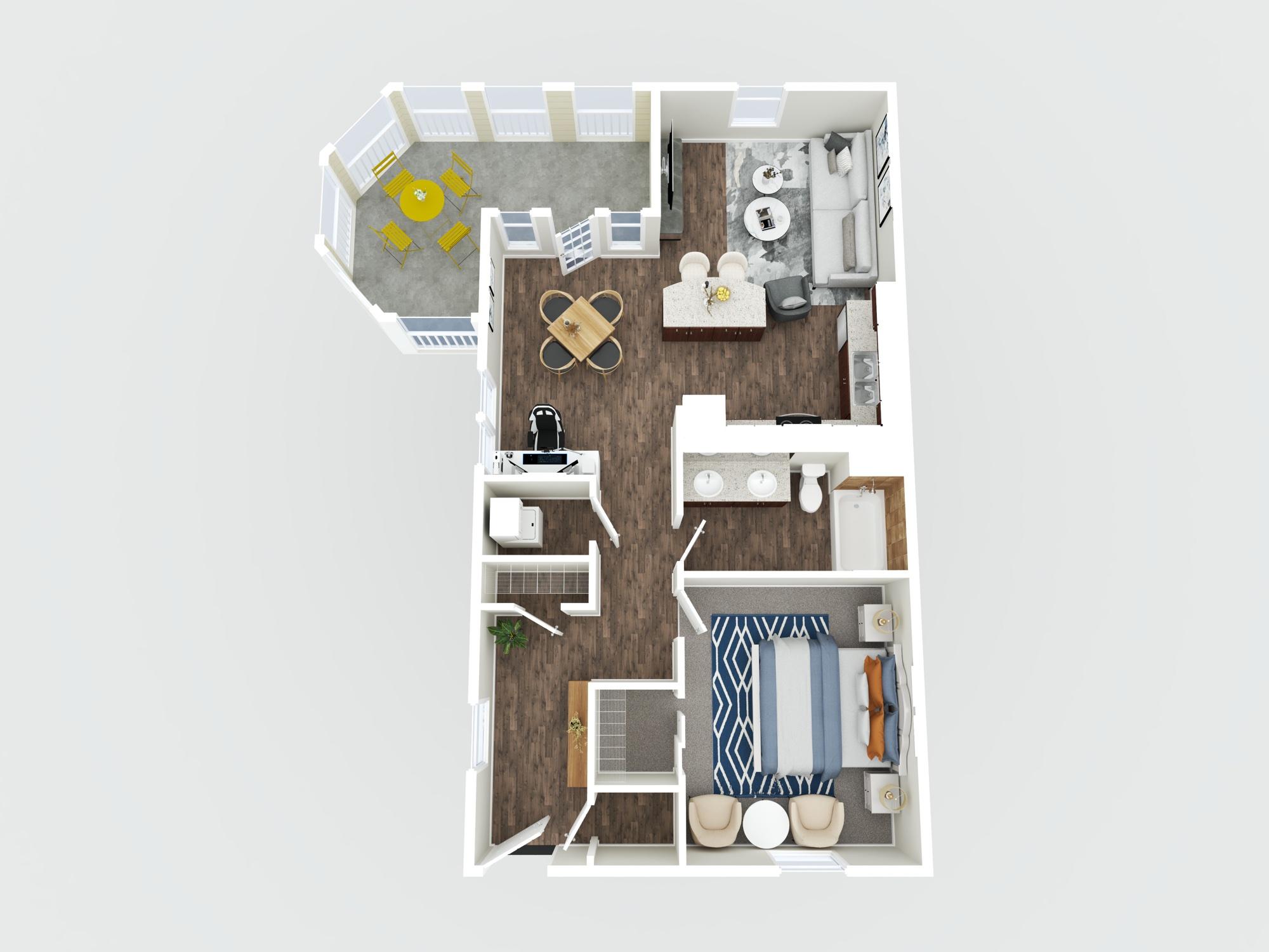 3D floor plan with furniture renderings of a one-bedroom condo with a screened balcony at 7381 Navarre Parkway Suite 3101